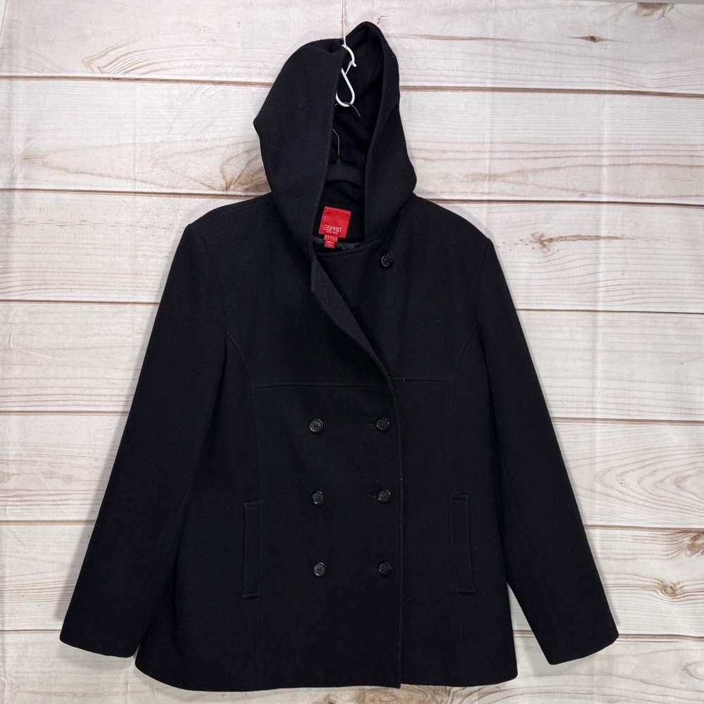 Esprit Peacoat Womens L Black 100% Wool Hooded Double Breasted Made in Russia